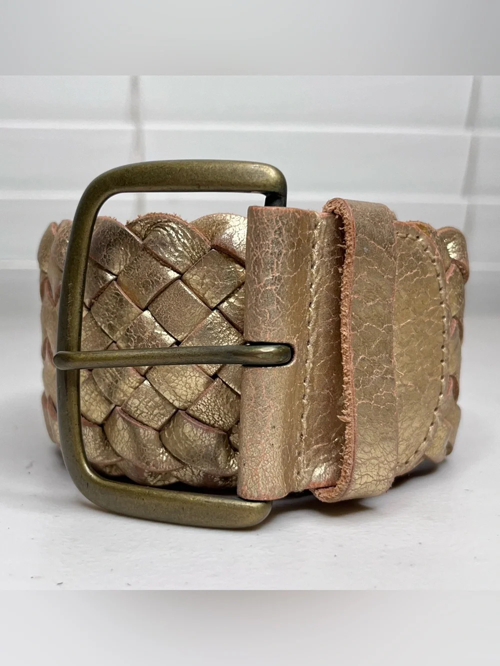 Fossil Metallic Gold Genuine Leather Woven Braided Boho Brass Buckle Belt Sz S